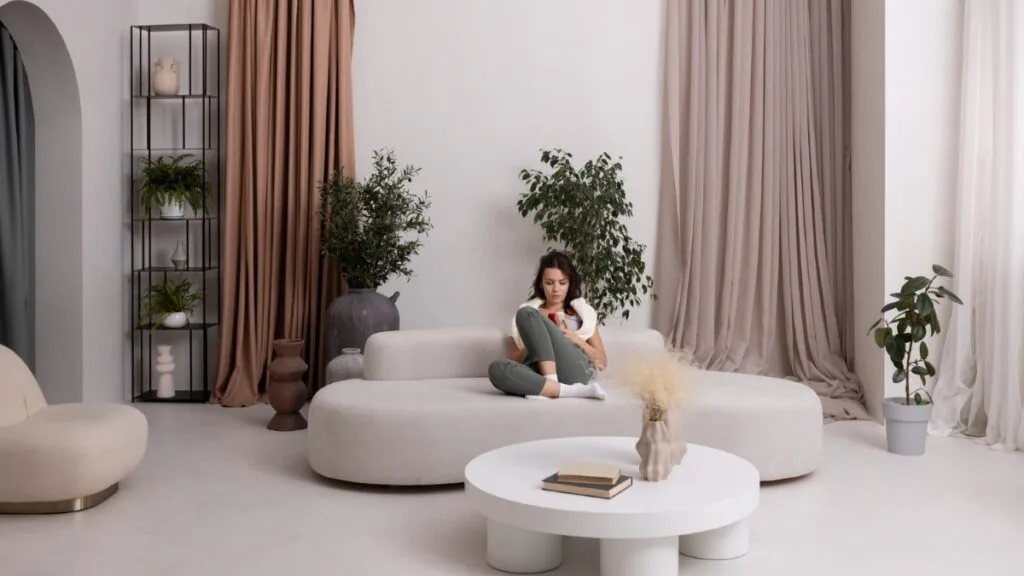 Salon minimaliste baigné de lumière naturelle, ambiance apaisante
