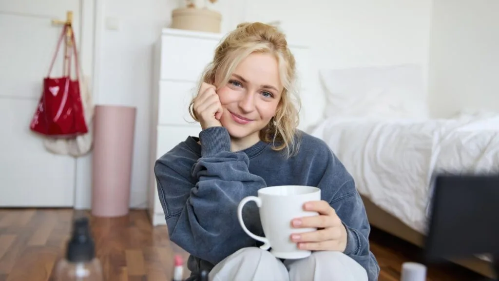 Femme prenant un moment pour elle avec son café du matin