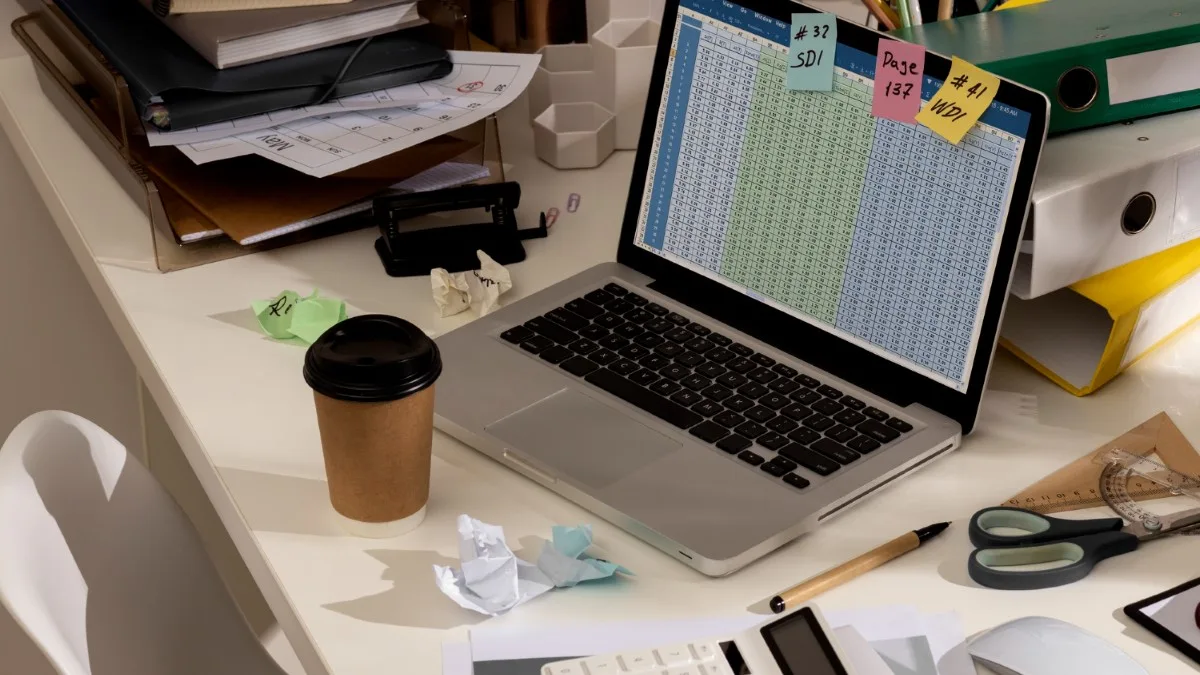 Plan rapproché d’un bureau encombré avec ordinateur, téléphone et to-do list symbolisant la charge mentale