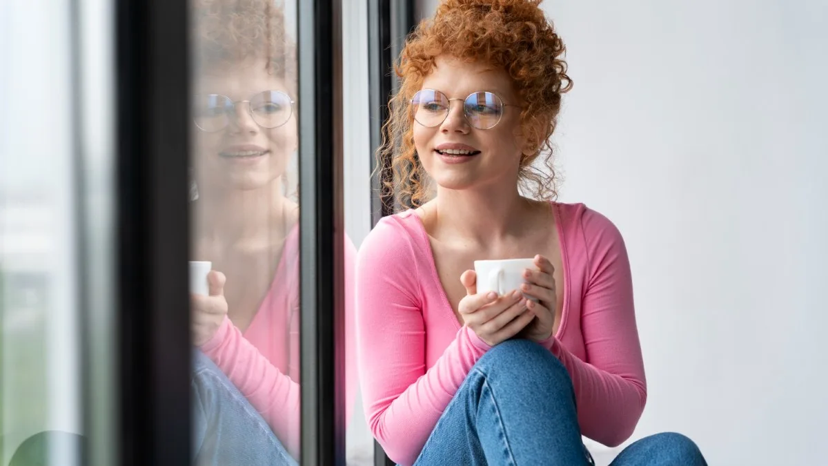Femme tenant une tasse de thé près d’une fenêtre, profitant d’un moment de pause sans culpabilité