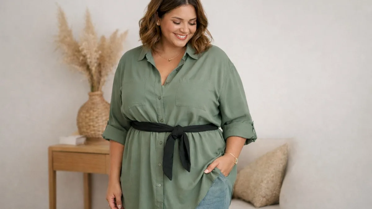 Robe chemise grande taille ceinturée très lâche, matière fluide et tombé naturel pour une silhouette harmonieuse.