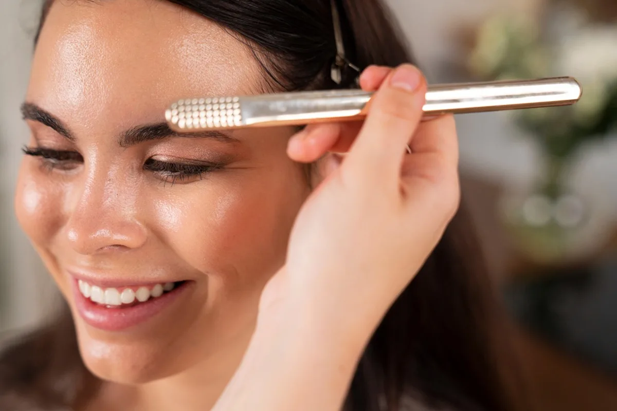 Sourcils brossés et regard réveillé dans un maquillage full face naturel et élégant.